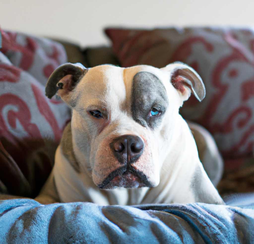 blue merle bulldog on sofa close up