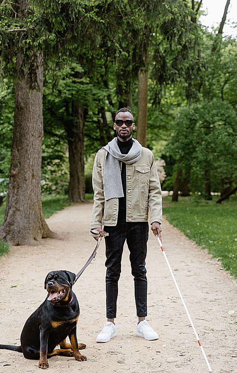A Man with Walking Stick Being Assisted by His Dog