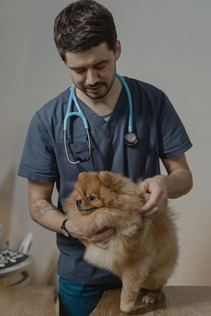 A Veterinarian Holding a Pomeranian
